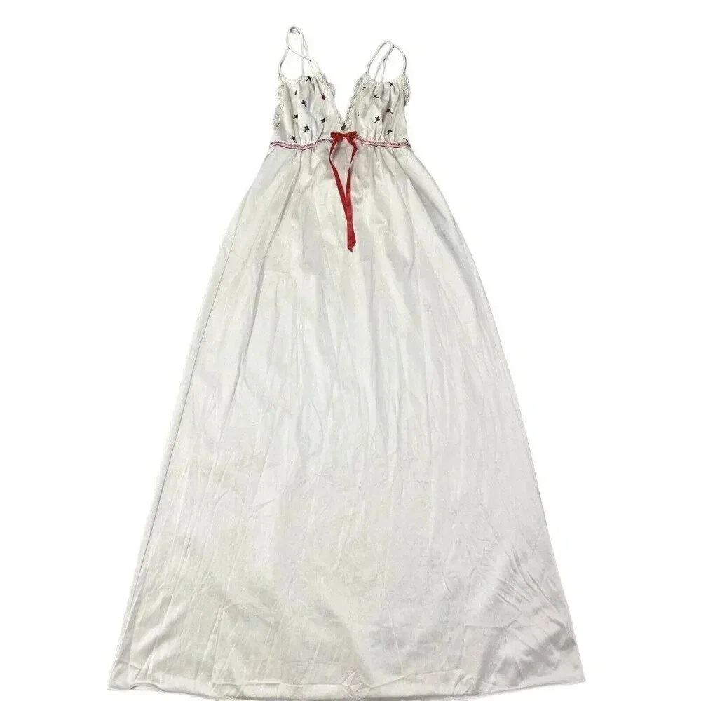 Vtg Long Nightgown Nylon Lingerie Feminine Sissy Lolita Flower Embroidered Small - Picture 6 of 16